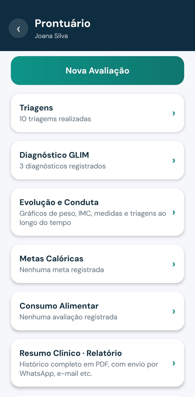 Tela do prontuário do paciente no TNCalc com triagens, diagnóstico GLIM, evolução, metas, consumo alimentar e resumo clínico